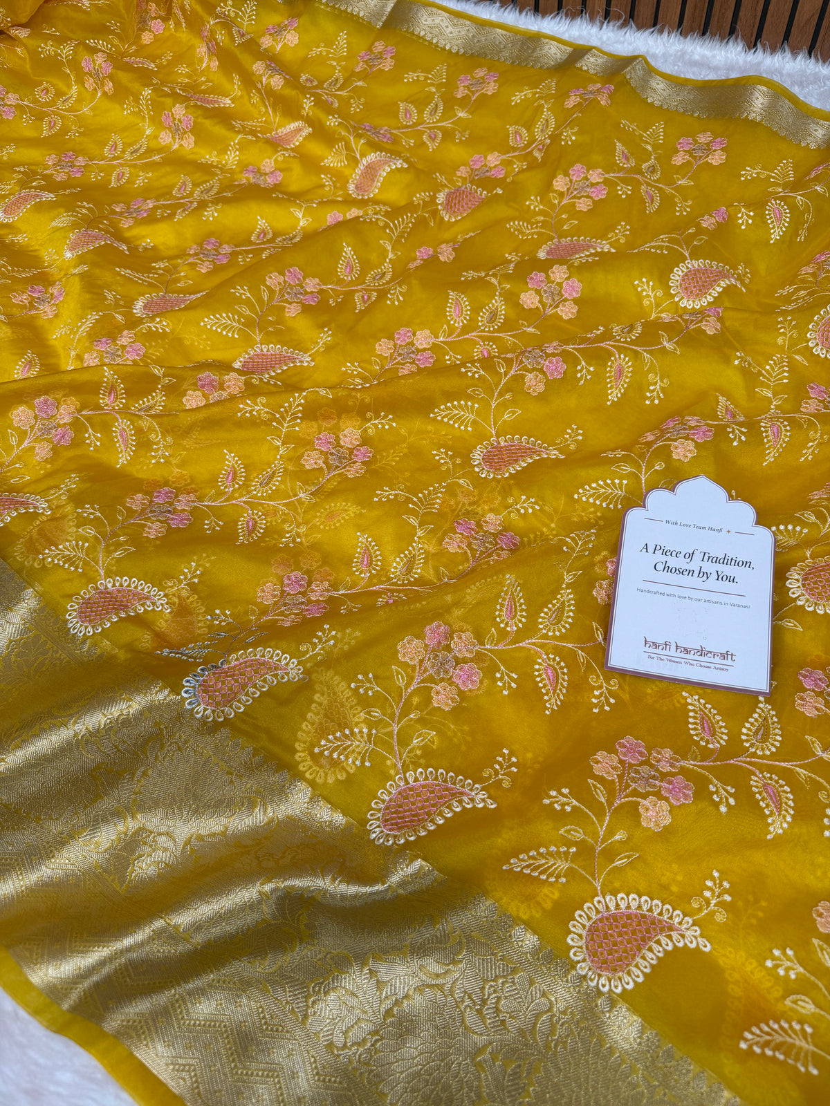 Yellow Gold Chikankari Style Embroidered Kora Organza Saree