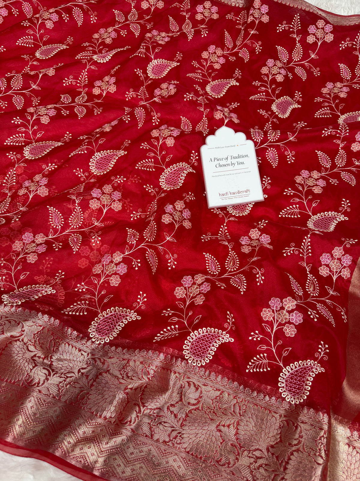 Crimson Red Chikankari Style Embroidered Kora Organza Saree