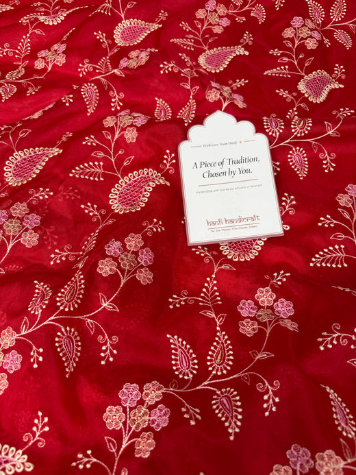 Crimson Red Chikankari Style Embroidered Kora Organza Saree