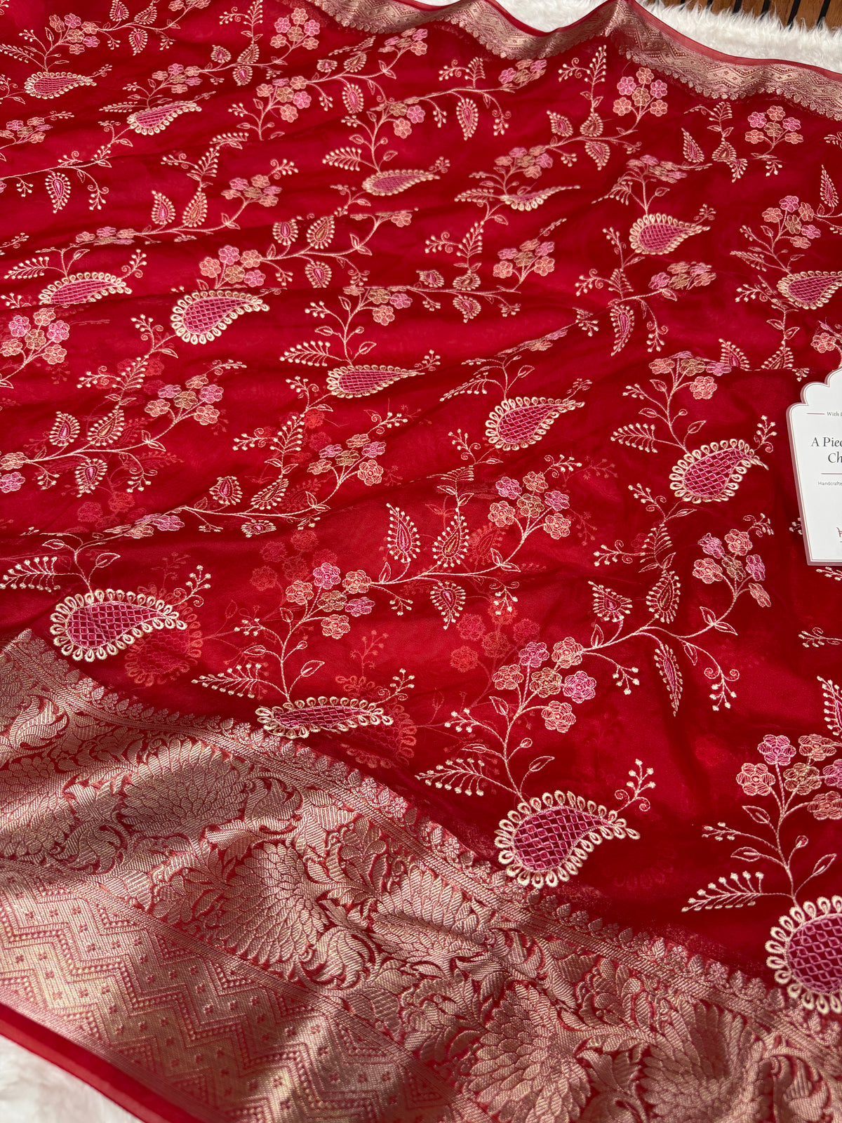 Crimson Red Chikankari Style Embroidered Kora Organza Saree