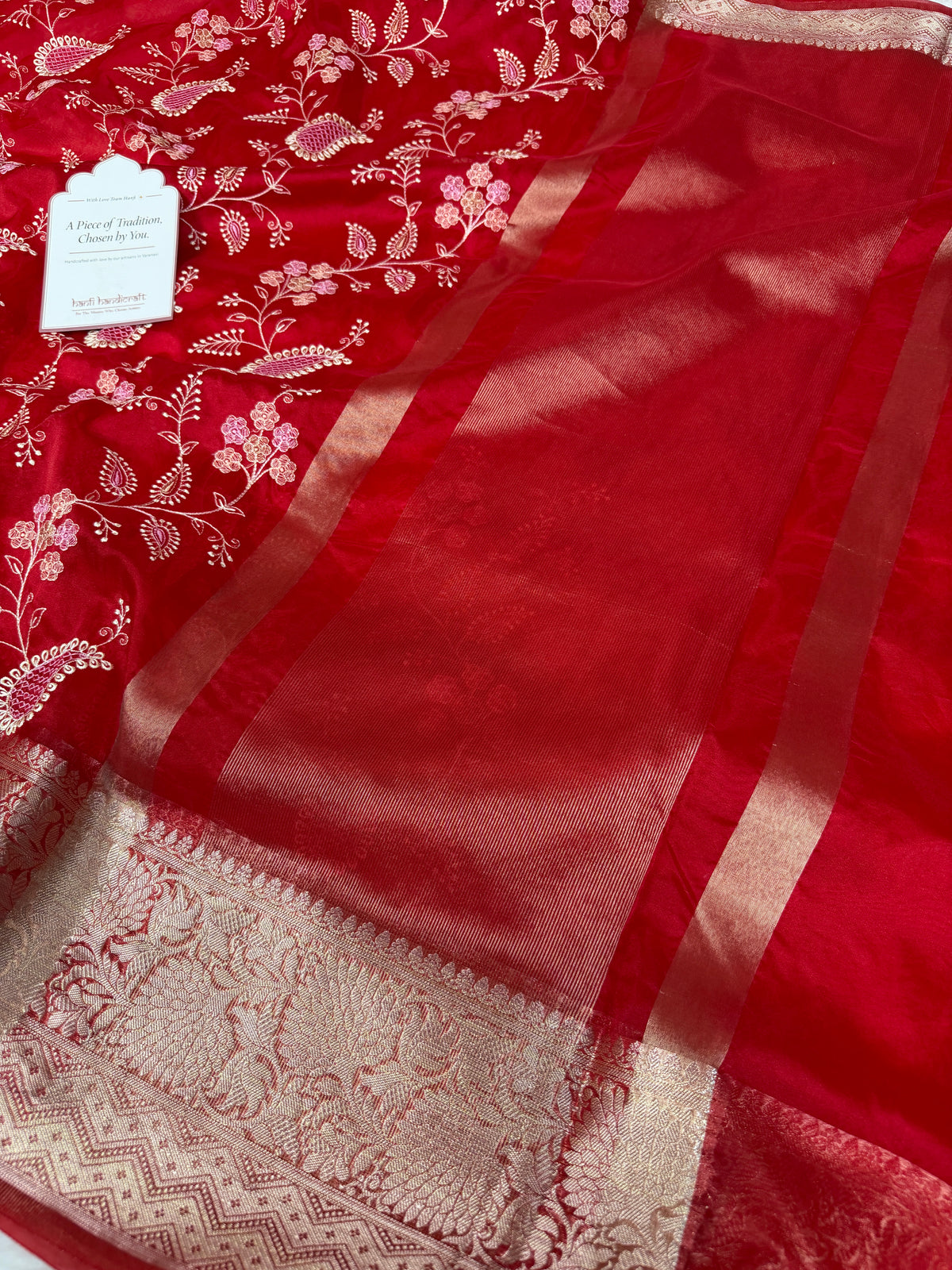 Crimson Red Chikankari Style Embroidered Kora Organza Saree