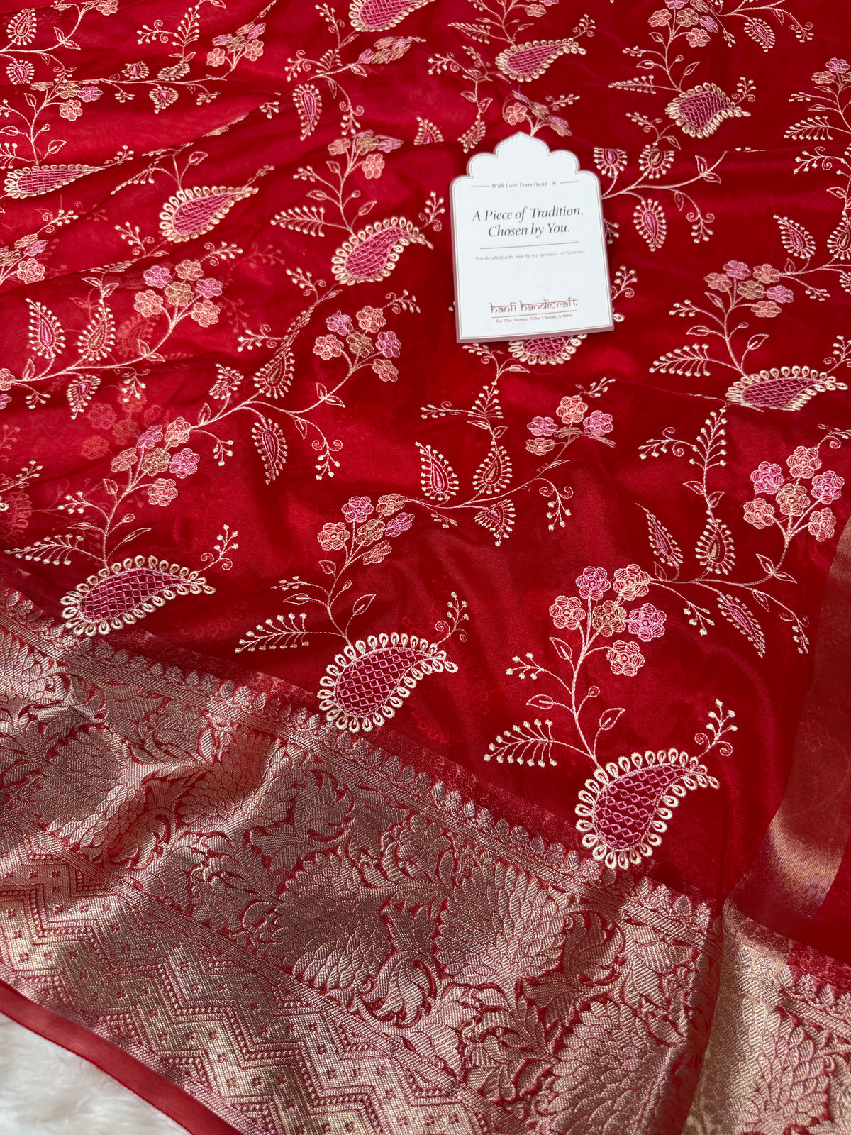 Crimson Red Chikankari Style Embroidered Kora Organza Saree