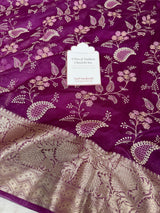 Magenta Wine Chikankari Style Embroidered Kora Organza Saree