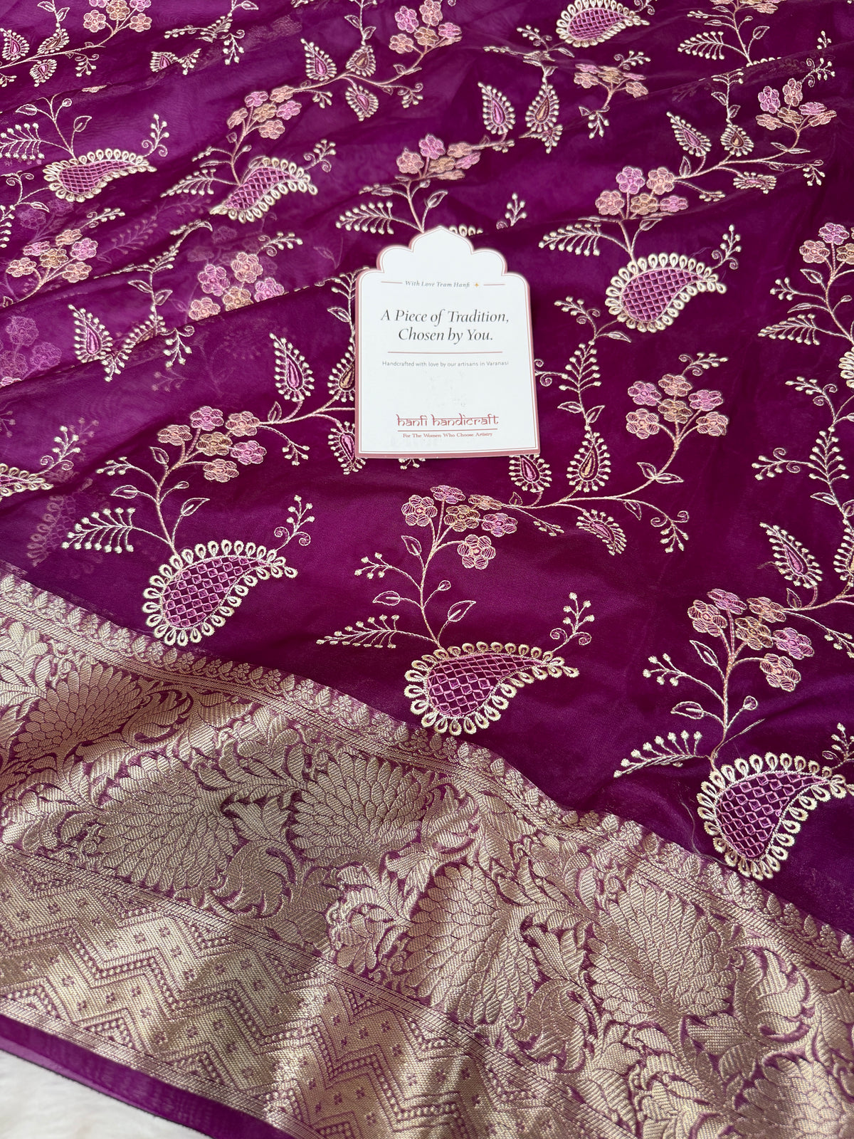 Magenta Wine Chikankari Style Embroidered Kora Organza Saree