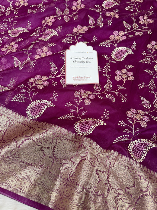 Magenta Wine Chikankari Style Embroidered Kora Organza Saree