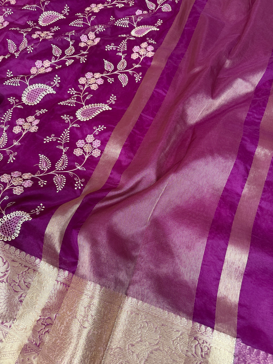 Magenta Wine Chikankari Style Embroidered Kora Organza Saree