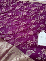 Magenta Wine Chikankari Style Embroidered Kora Organza Saree