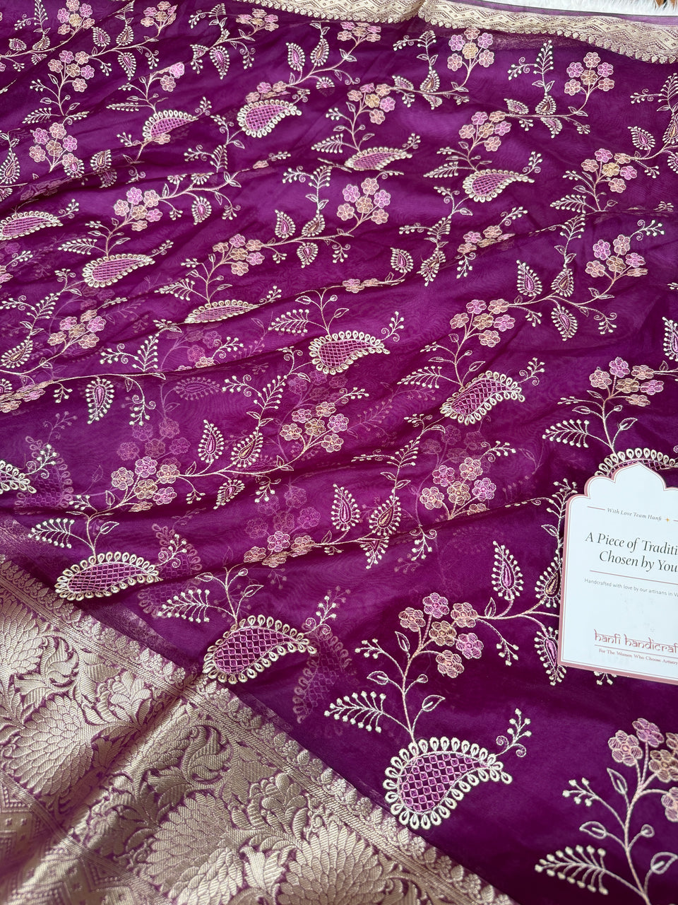 Magenta Wine Chikankari Style Embroidered Kora Organza Saree