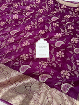 Magenta Wine Chikankari Style Embroidered Kora Organza Saree