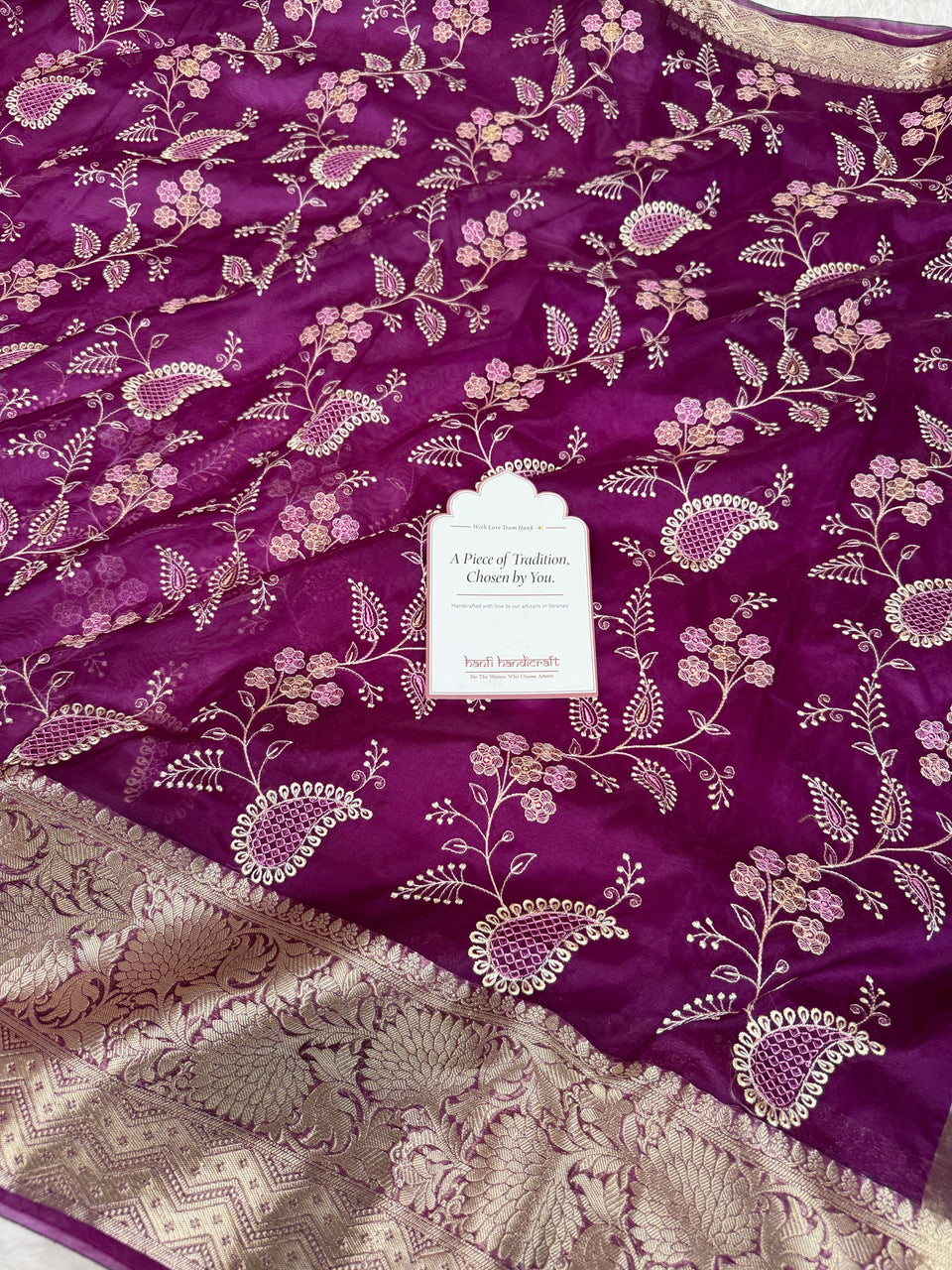 Magenta Wine Chikankari Style Embroidered Kora Organza Saree