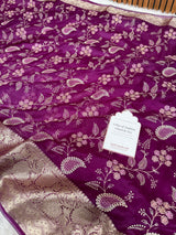 Magenta Wine Chikankari Style Embroidered Kora Organza Saree