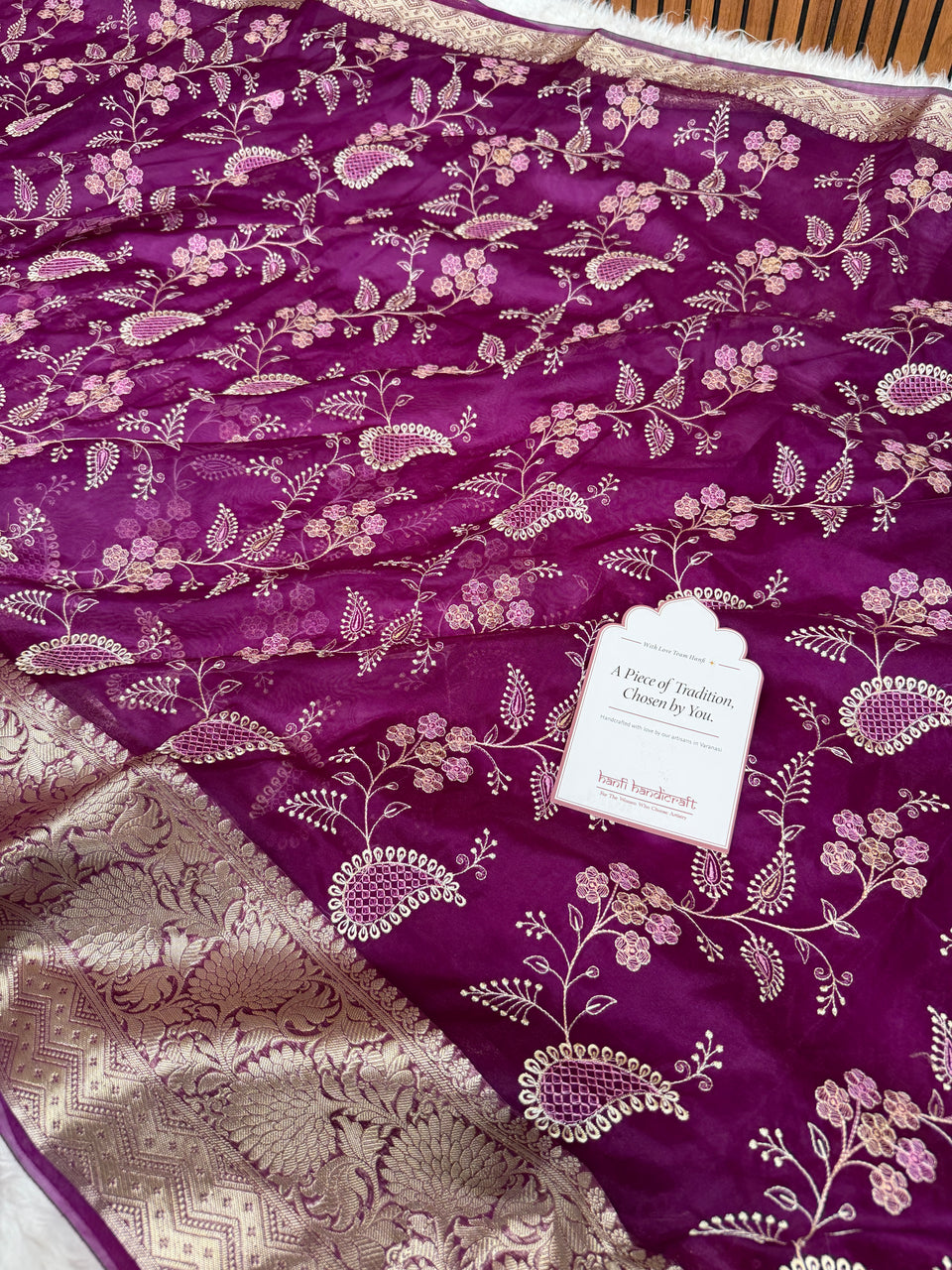 Magenta Wine Chikankari Style Embroidered Kora Organza Saree