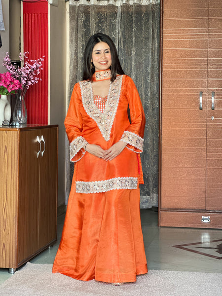 Kesari Orange Afsara Mirror Work Tissue Sharara Suit Set