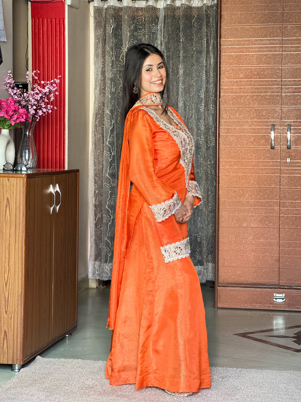Kesari Orange Afsara Mirror Work Tissue Sharara Suit Set