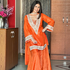 Kesari Orange Afsara Mirror Work Tissue Sharara Suit Set