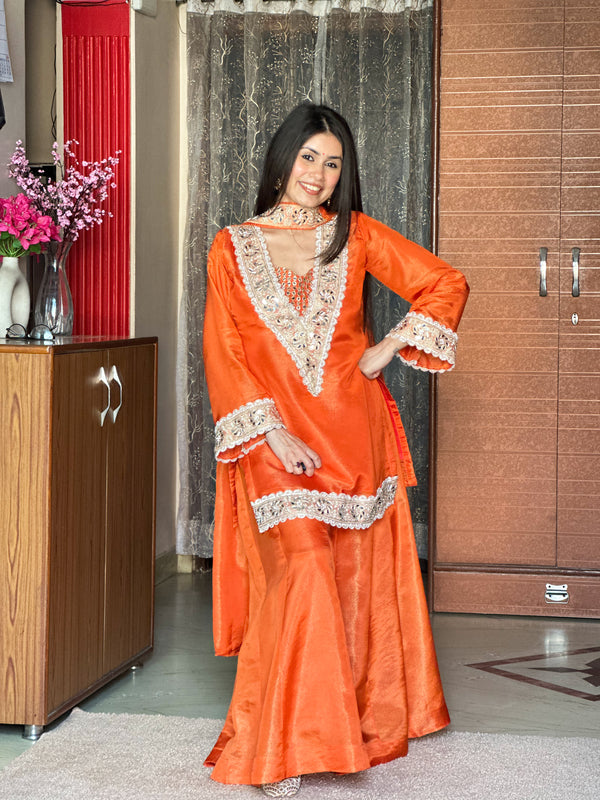 Kesari Orange Afsara Mirror Work Tissue Sharara Suit Set