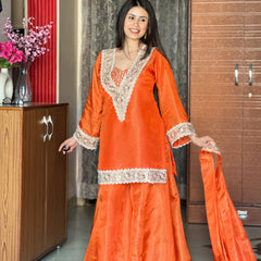 Kesari Orange Afsara Mirror Work Tissue Sharara Suit Set