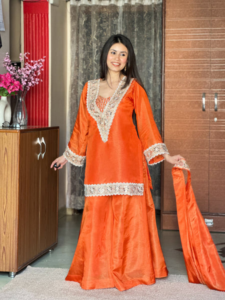Kesari Orange Afsara Mirror Work Tissue Sharara Suit Set