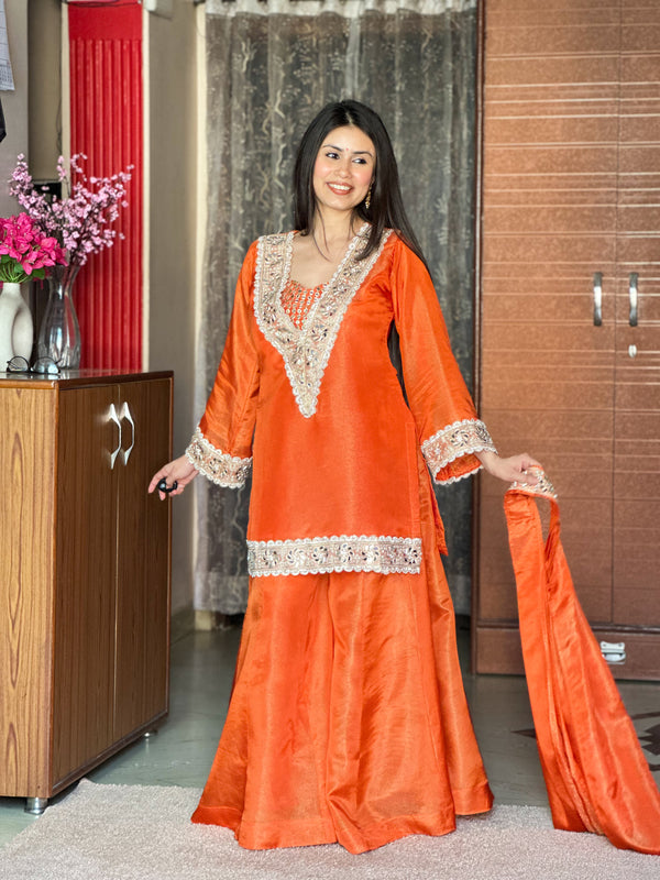 Kesari Orange Afsara Mirror Work Tissue Sharara Suit Set