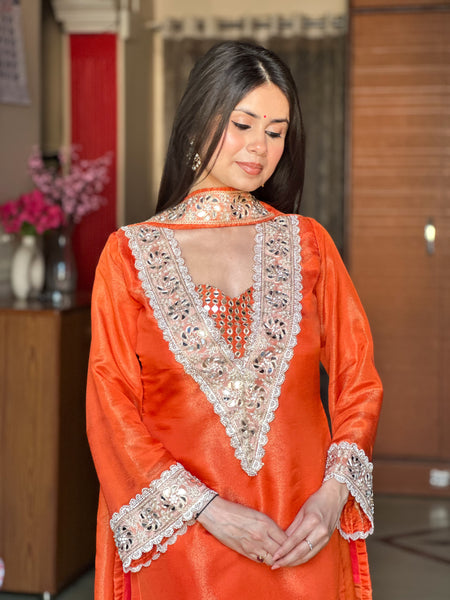 Kesari Orange Afsara Mirror Work Tissue Sharara Suit Set
