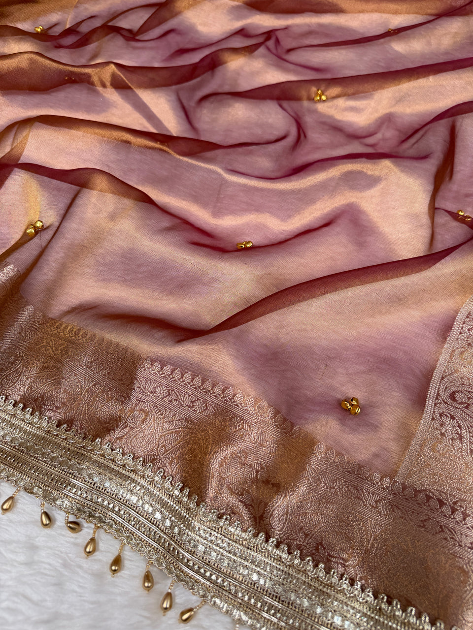 Copper Gold Ghungroo Handcrafted Tissue Silk Saree