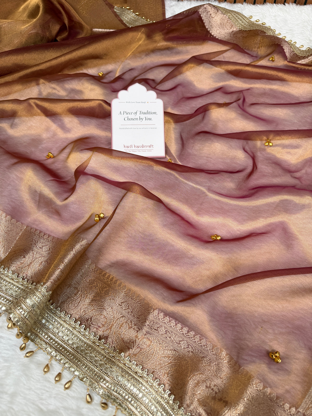 Copper Gold Ghungroo Handcrafted Tissue Silk Saree