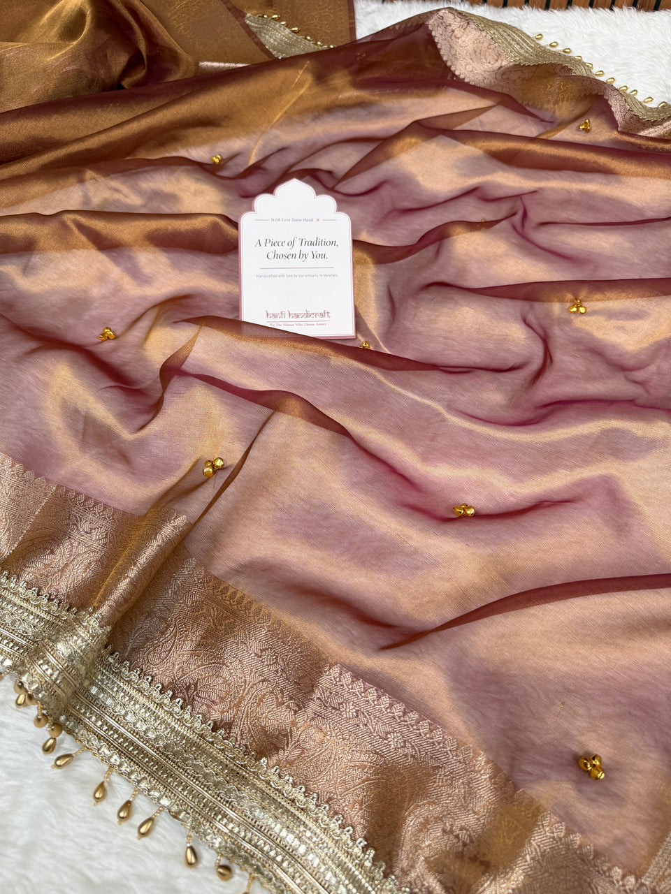 Copper Gold Ghungroo Handcrafted Tissue Silk Saree