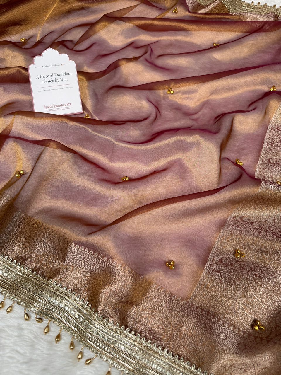 Copper Gold Ghungroo Handcrafted Tissue Silk Saree