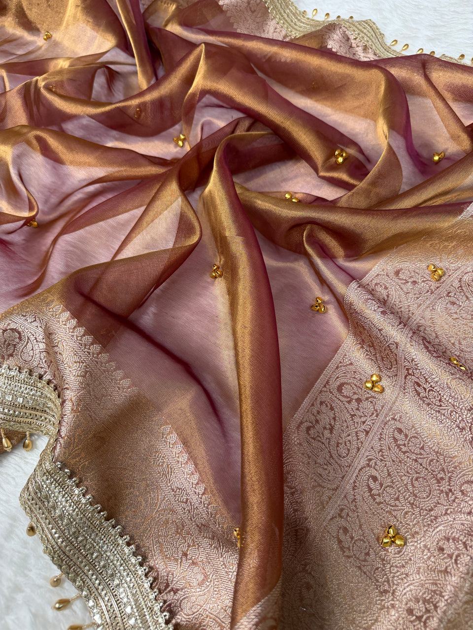 Copper Gold Ghungroo Handcrafted Tissue Silk Saree