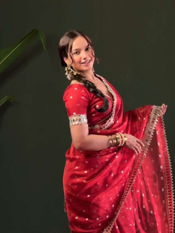 Varnika Red Banarasi Sundari Mirror Work Tissue Silk Saree