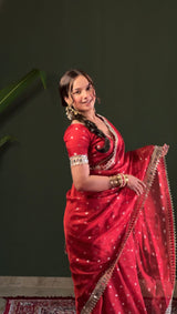 Varnika Red Banarasi Sundari Mirror Work Tissue Silk Saree