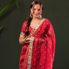 Varnika Red Banarasi Sundari Mirror Work Tissue Silk Saree