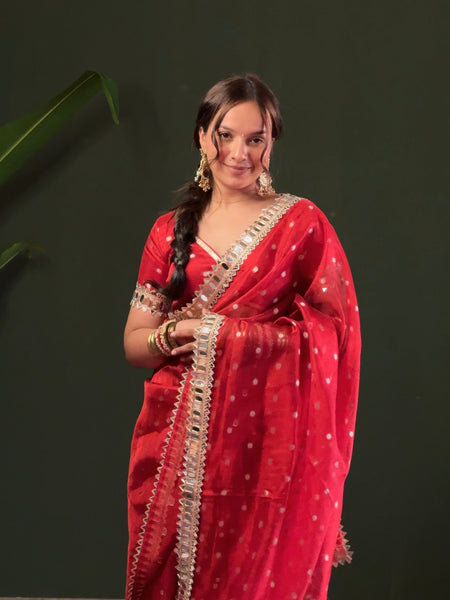 Varnika Red Banarasi Sundari Mirror Work Tissue Silk Saree