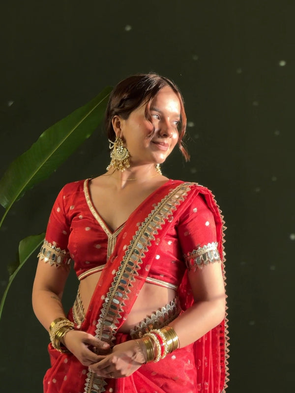 Varnika Red Banarasi Sundari Mirror Work Tissue Silk Saree