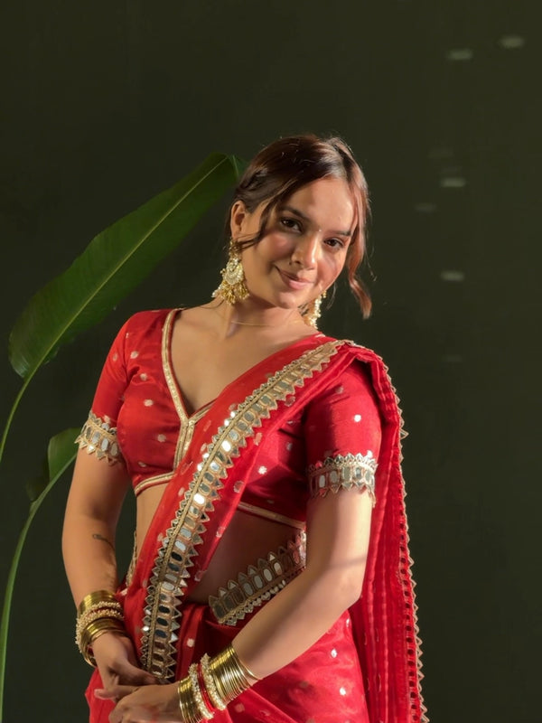 Varnika Red Banarasi Sundari Mirror Work Tissue Silk Saree