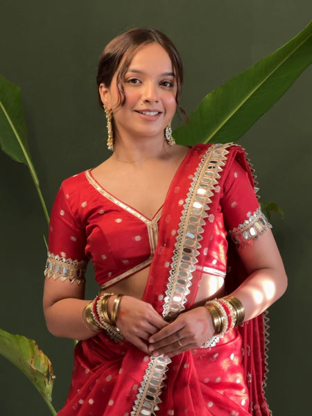 Varnika Red Banarasi Sundari Mirror Work Tissue Silk Saree