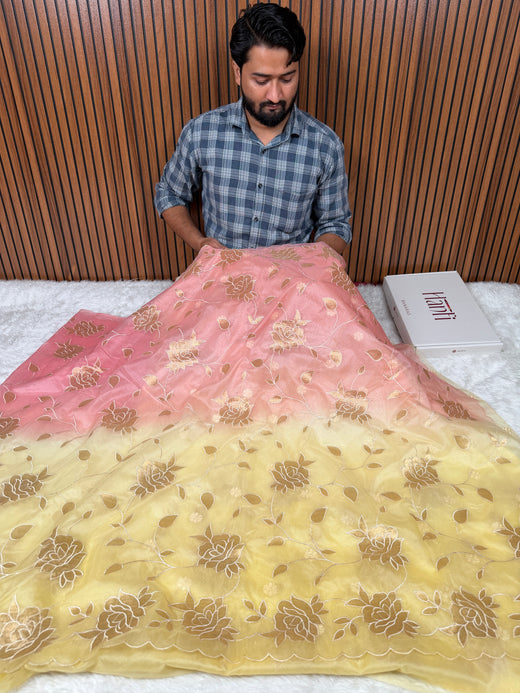 Dual-Shade Floral Tissue Appliqué Organza Saree – Pink Lemon