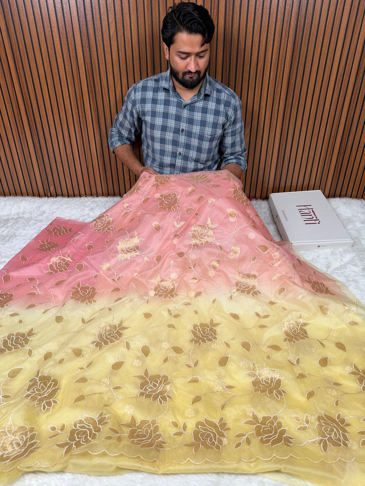 Dual-Shade Floral Tissue Appliqué Organza Saree – Pink Lemon