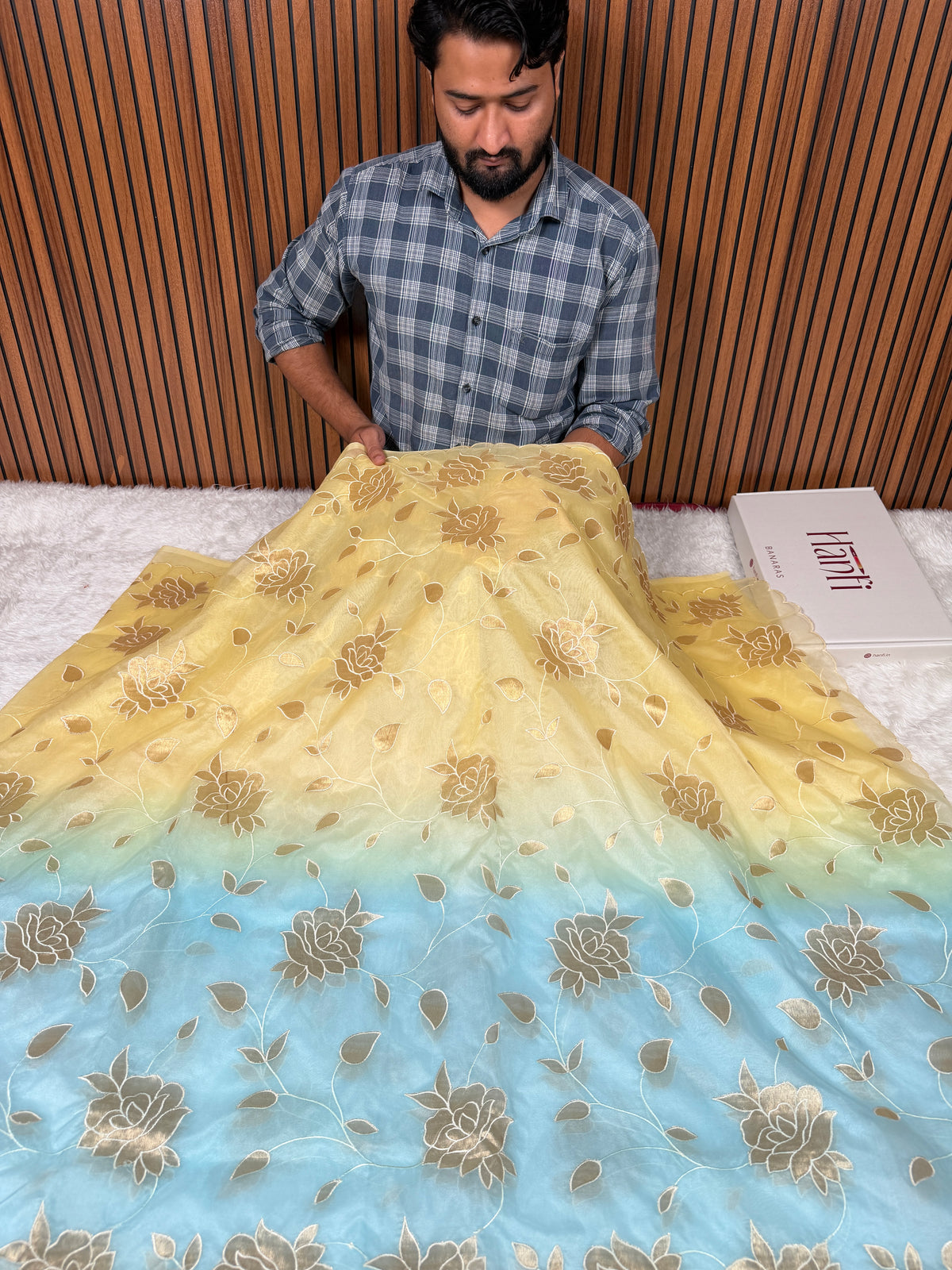Dual-Shade Floral Tissue Appliqué Organza Saree – Yellow Blue
