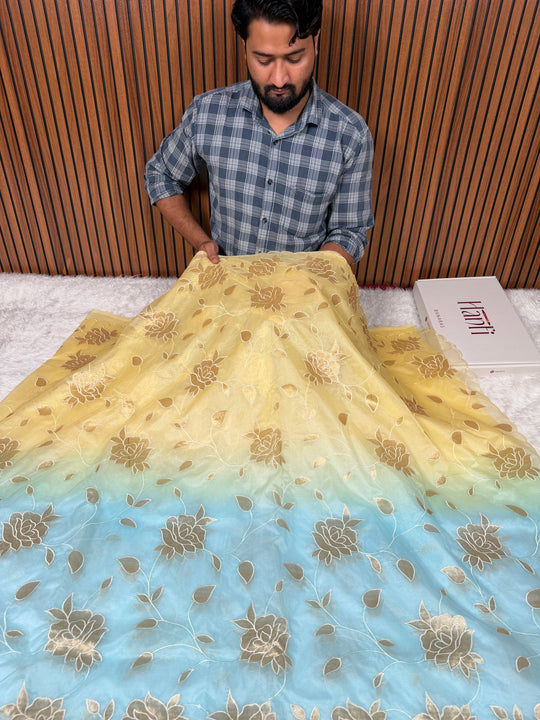 Dual-Shade Floral Tissue Appliqué Organza Saree – Yellow Blue