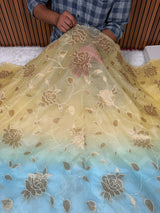 Dual-Shade Floral Tissue Appliqué Organza Saree – Yellow Blue