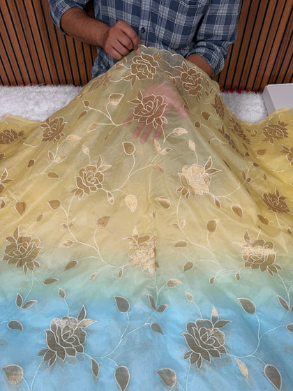 Dual-Shade Floral Tissue Appliqué Organza Saree – Yellow Blue
