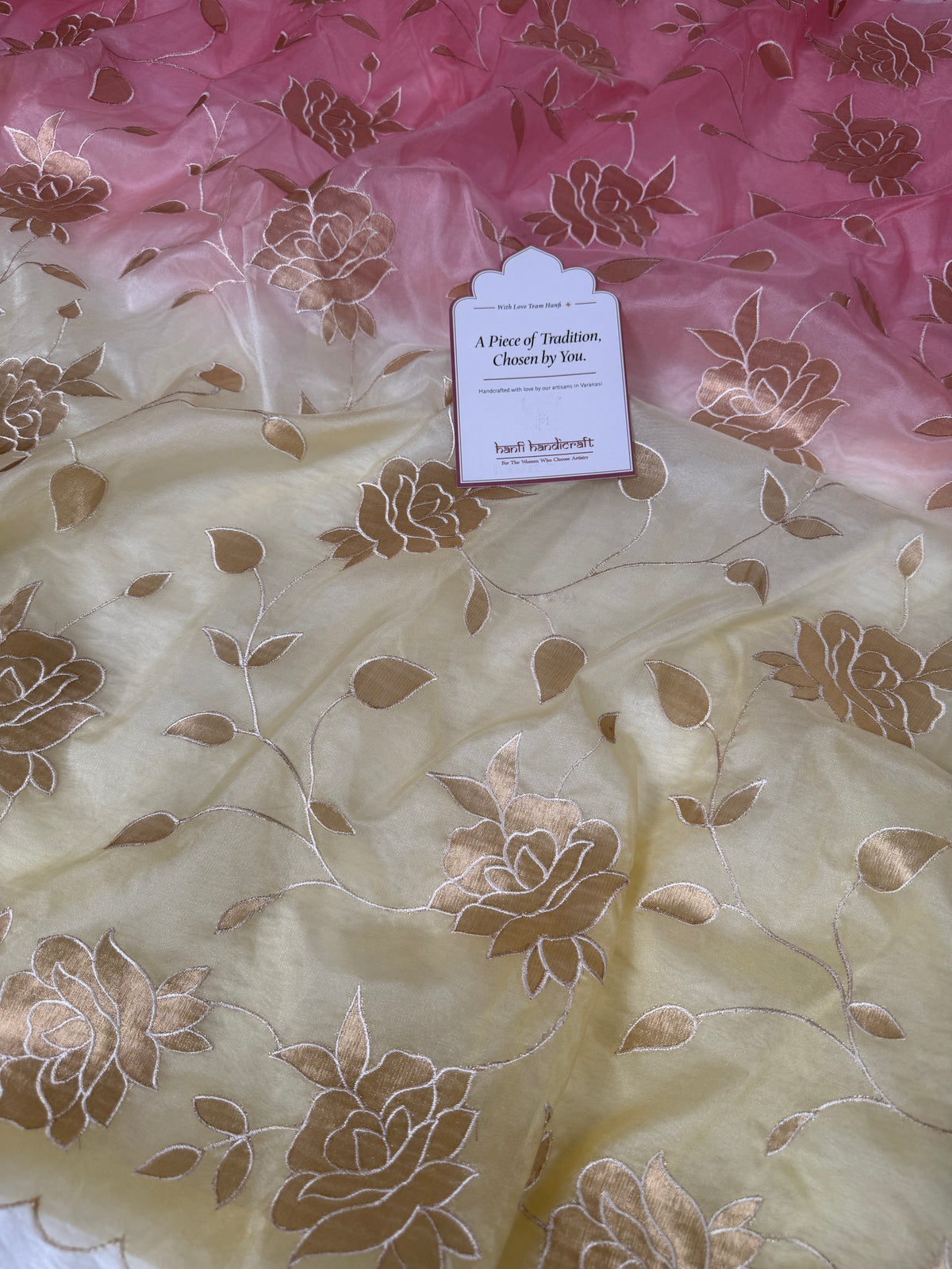Dual-Shade Floral Tissue Appliqué Organza Saree – Pink Lemon