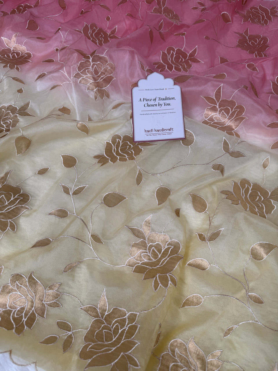 Dual-Shade Floral Tissue Appliqué Organza Saree – Pink Lemon