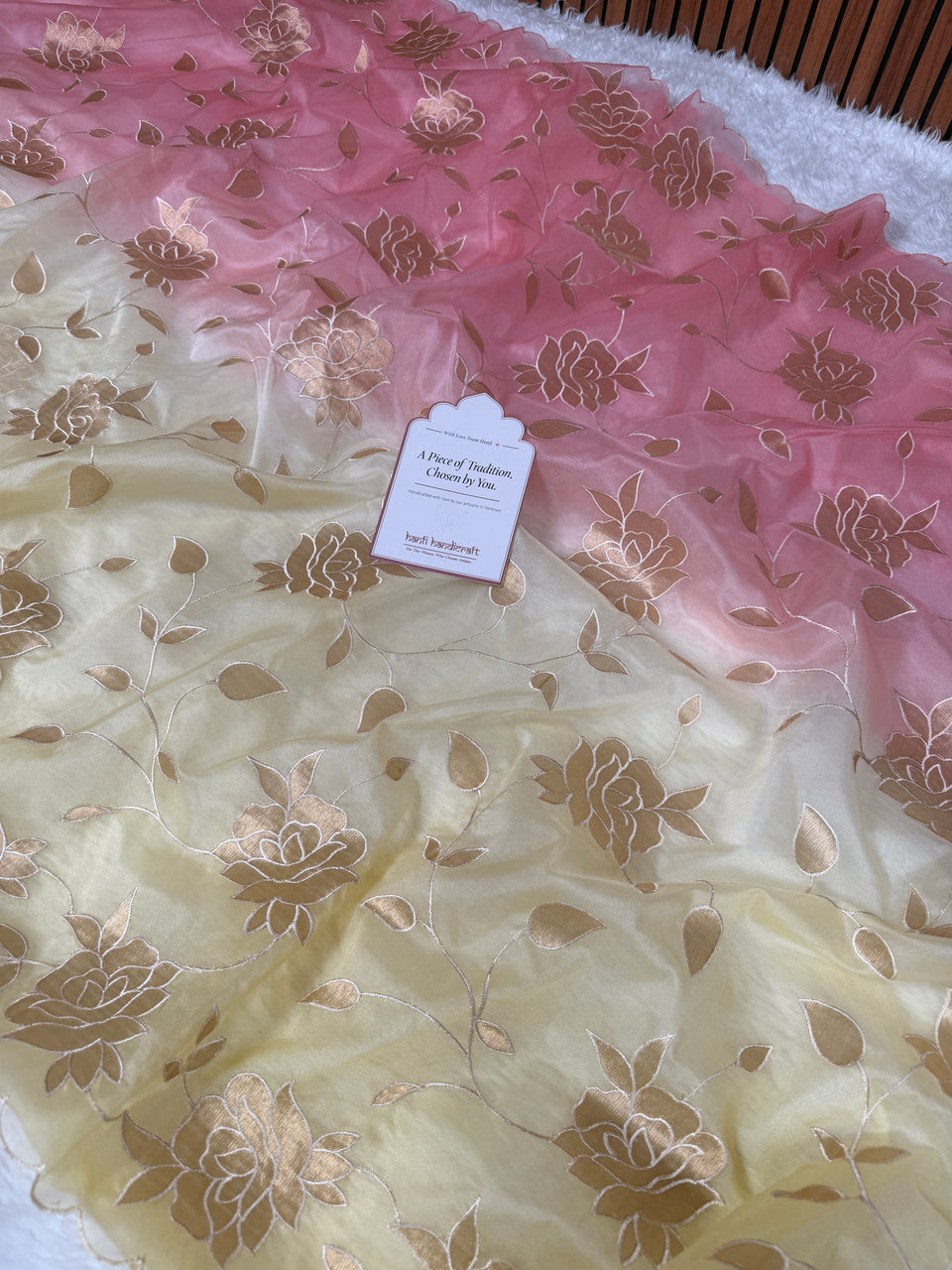 Dual-Shade Floral Tissue Appliqué Organza Saree – Pink Lemon