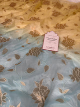 Dual-Shade Floral Tissue Appliqué Organza Saree – Yellow Blue