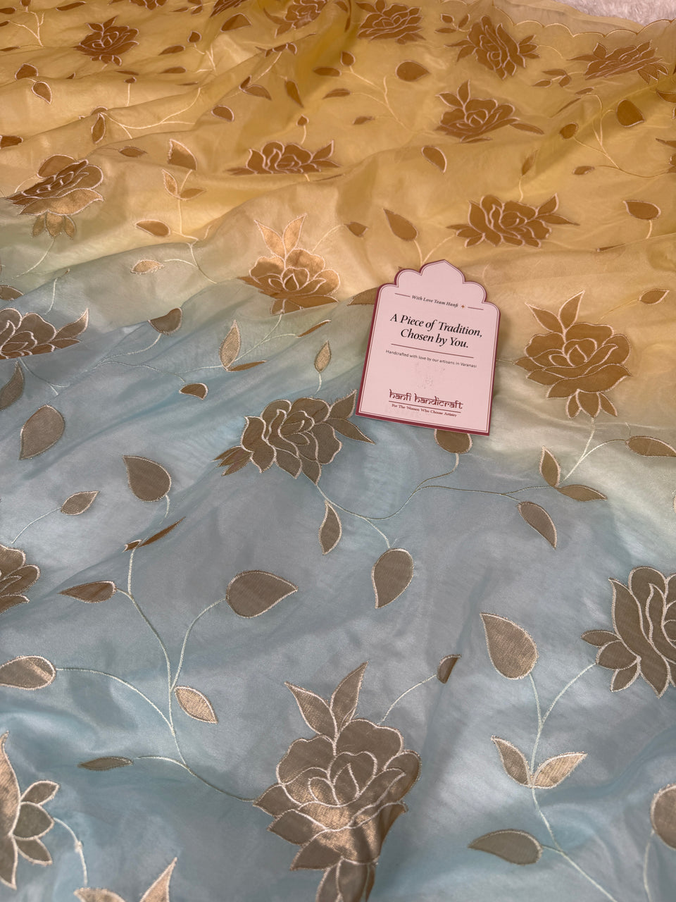 Dual-Shade Floral Tissue Appliqué Organza Saree – Yellow Blue