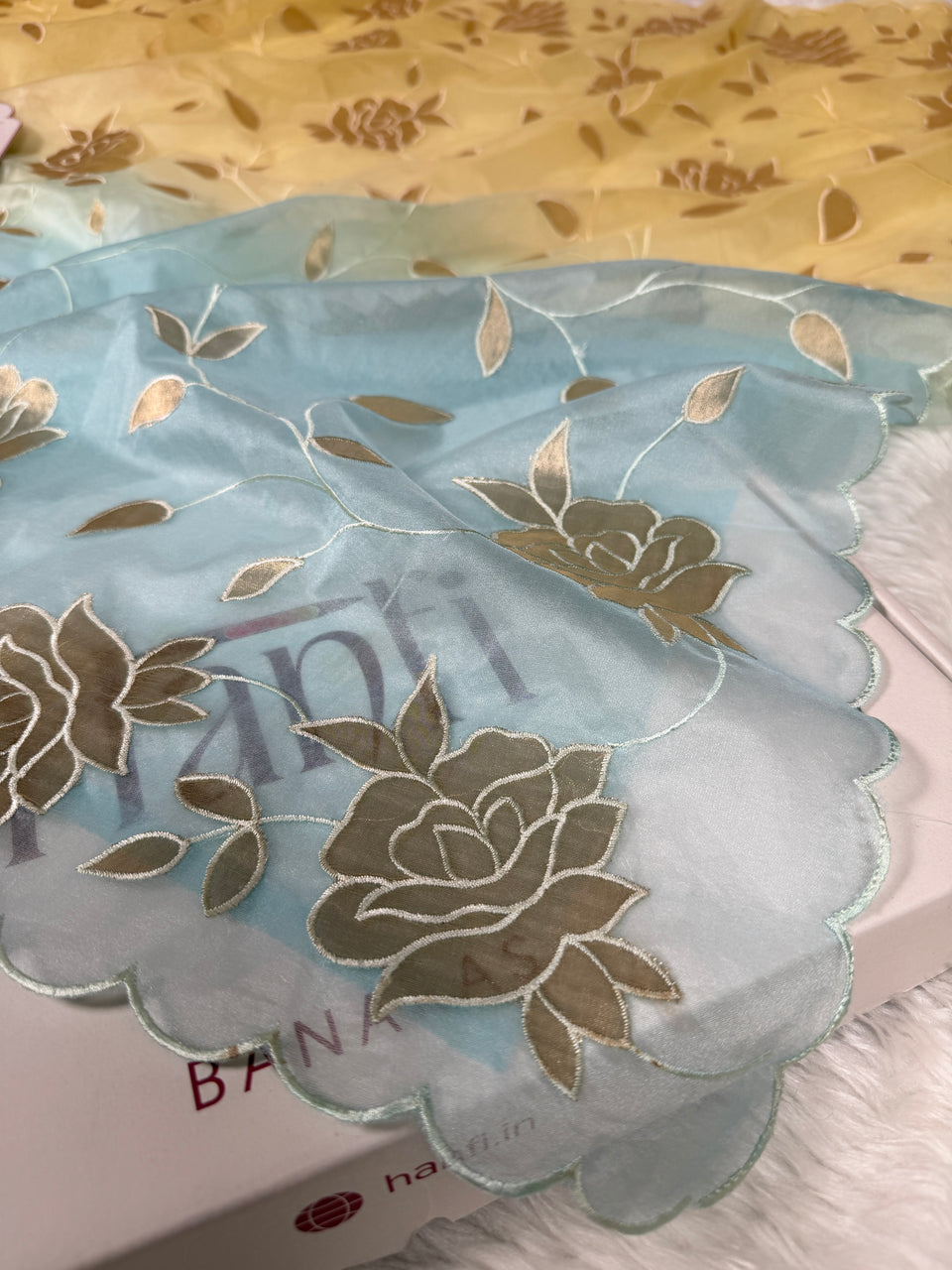 Dual-Shade Floral Tissue Appliqué Organza Saree – Yellow Blue