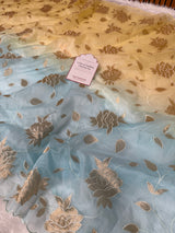 Dual-Shade Floral Tissue Appliqué Organza Saree – Yellow Blue