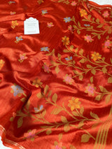 Rust Orange Designer Jamdani Pattern Silk Linen Saree